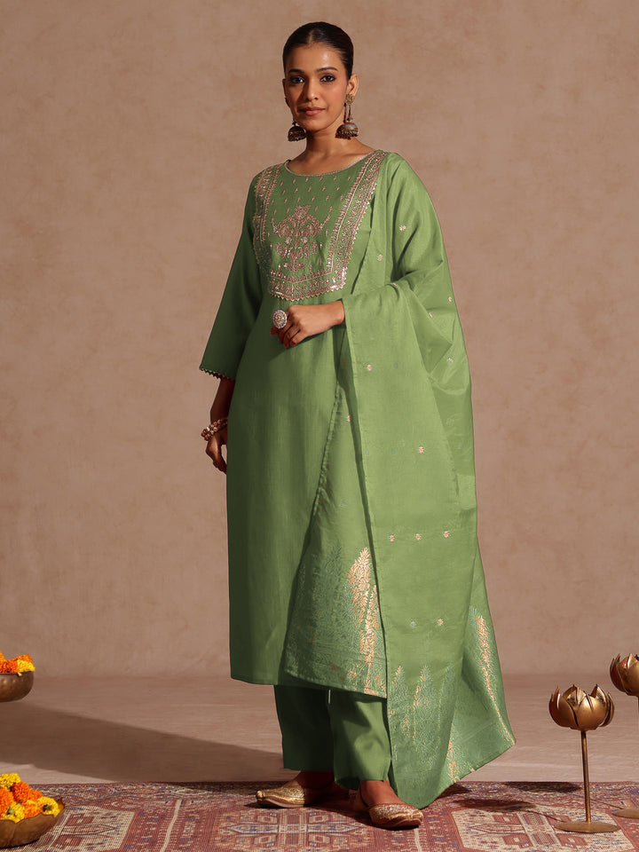 Sage Silk Blend Yoke Embroidery 3-Piece Kurta Set