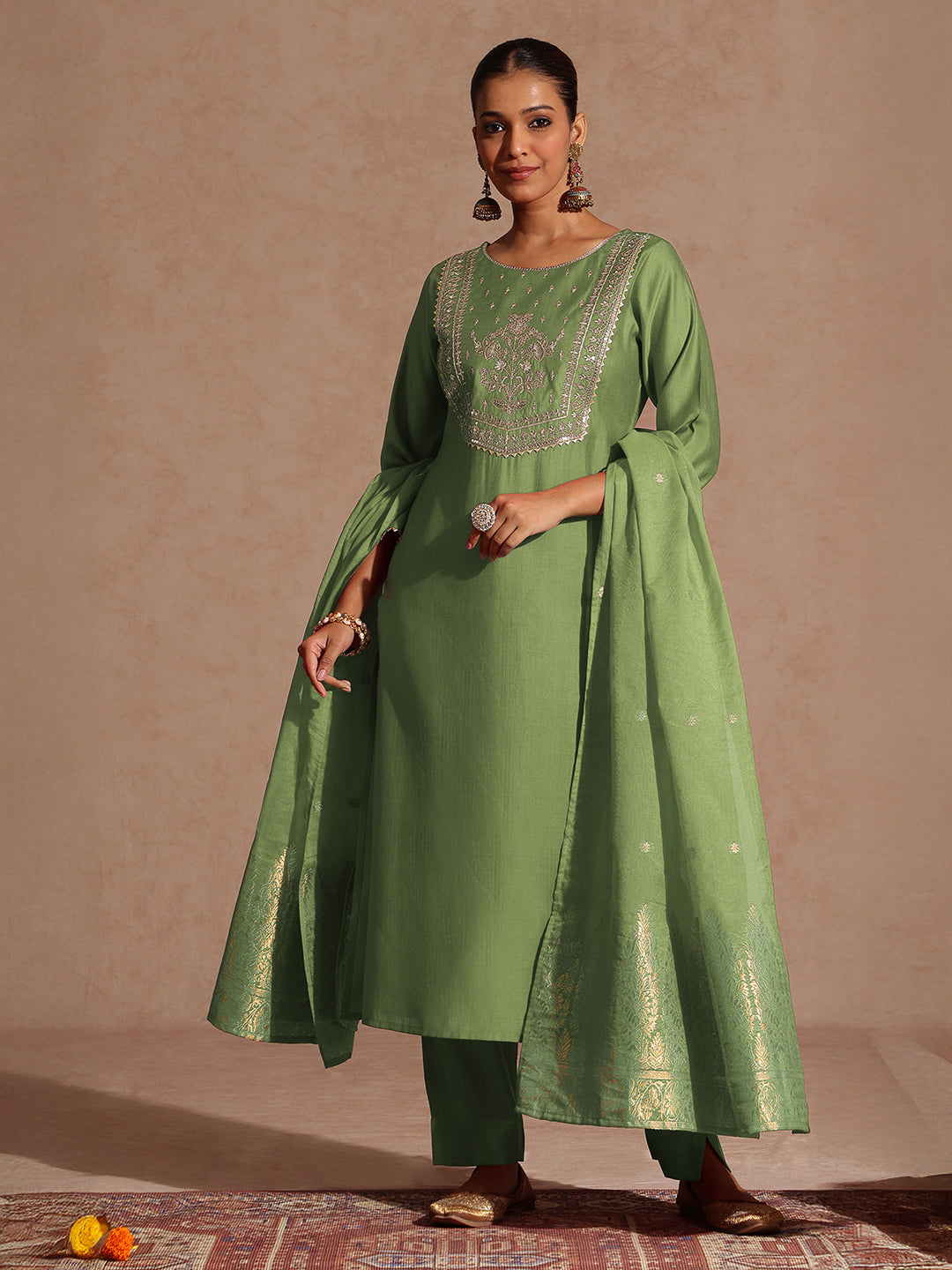 Sage Silk Blend Yoke Embroidery 3-Piece Kurta Set