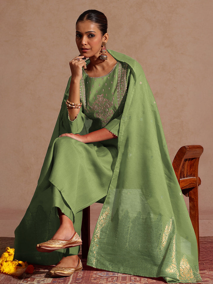 Sage Silk Blend Yoke Embroidery 3-Piece Kurta Set