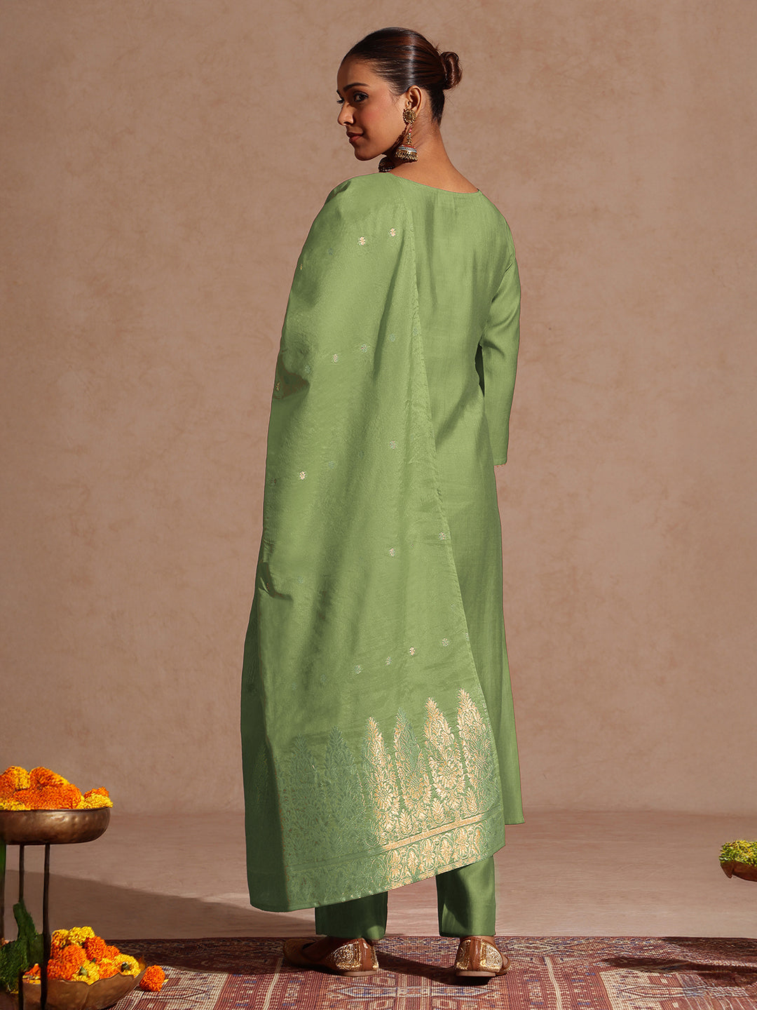 Sage Silk Blend Yoke Embroidery 3-Piece Kurta Set