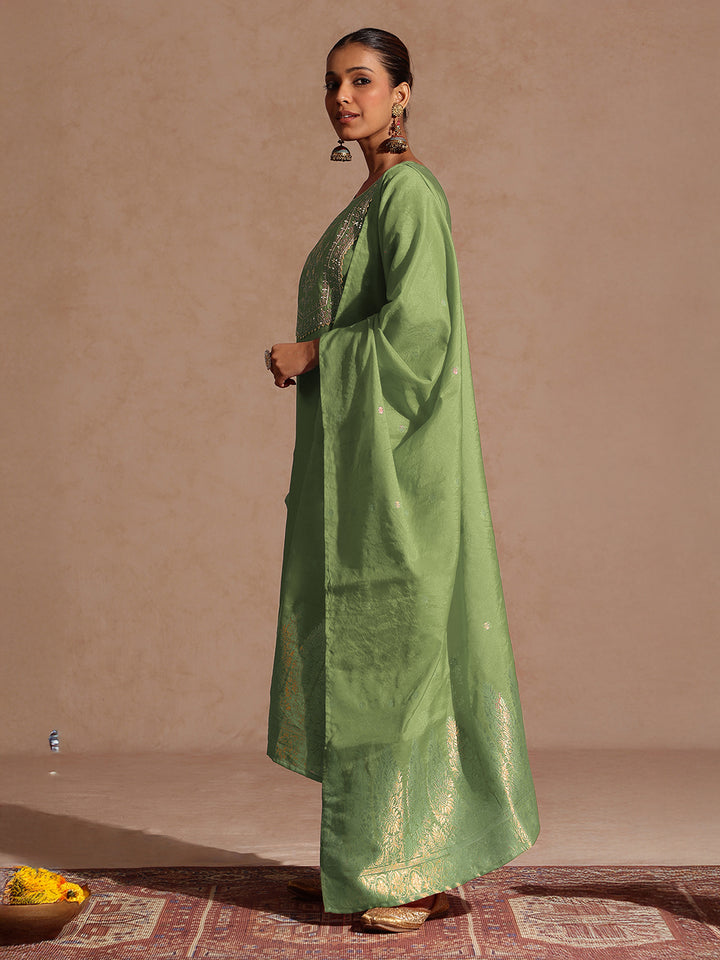 Sage Silk Blend Yoke Embroidery 3-Piece Kurta Set