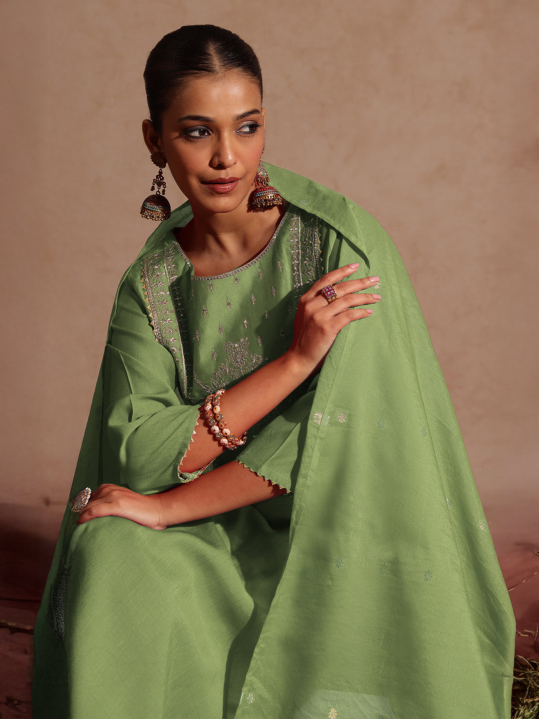 Sage Silk Blend Yoke Embroidery 3-Piece Kurta Set