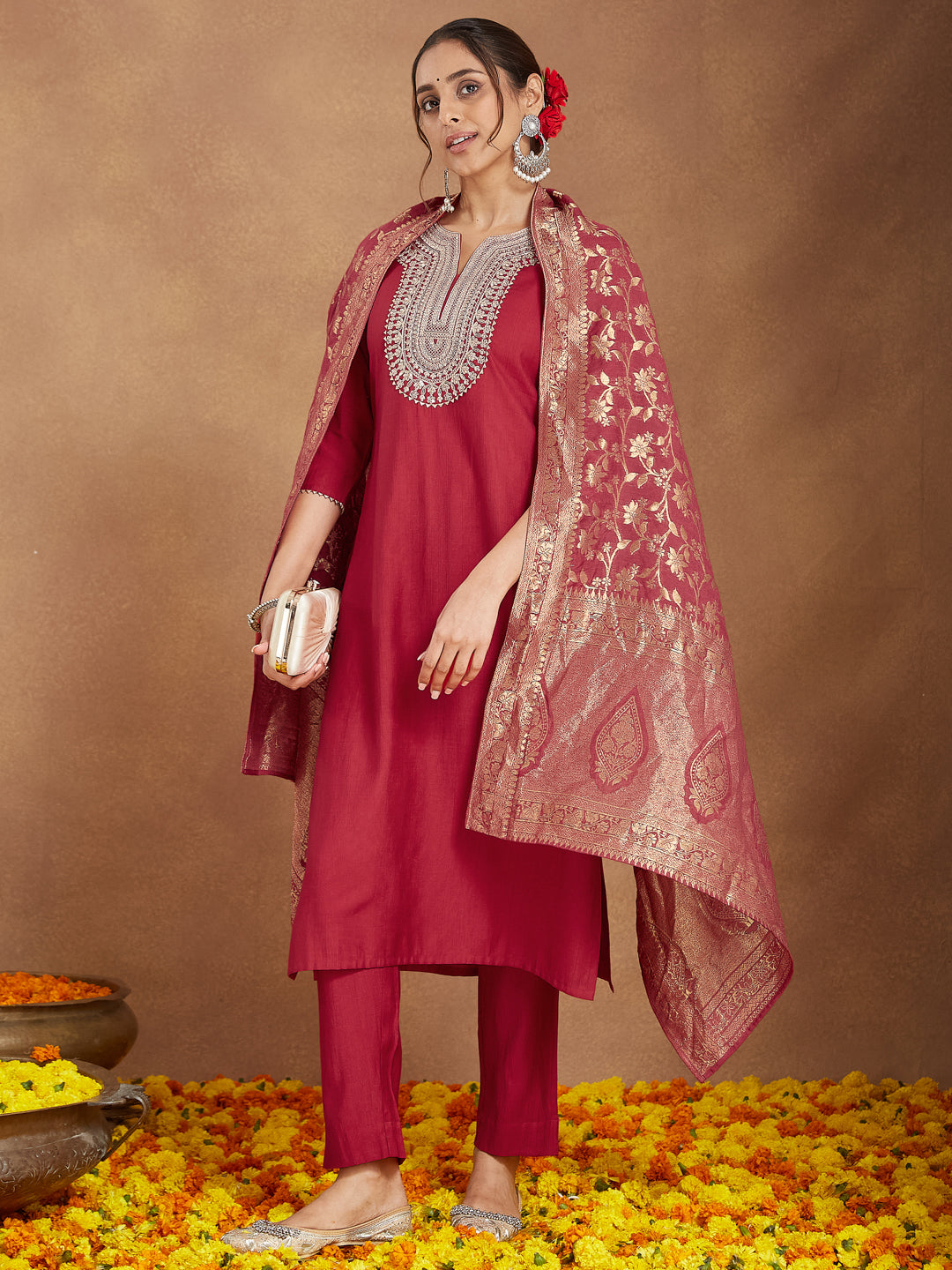 Maroon Silk Blend Embroidered 3-Piece Kurta Set