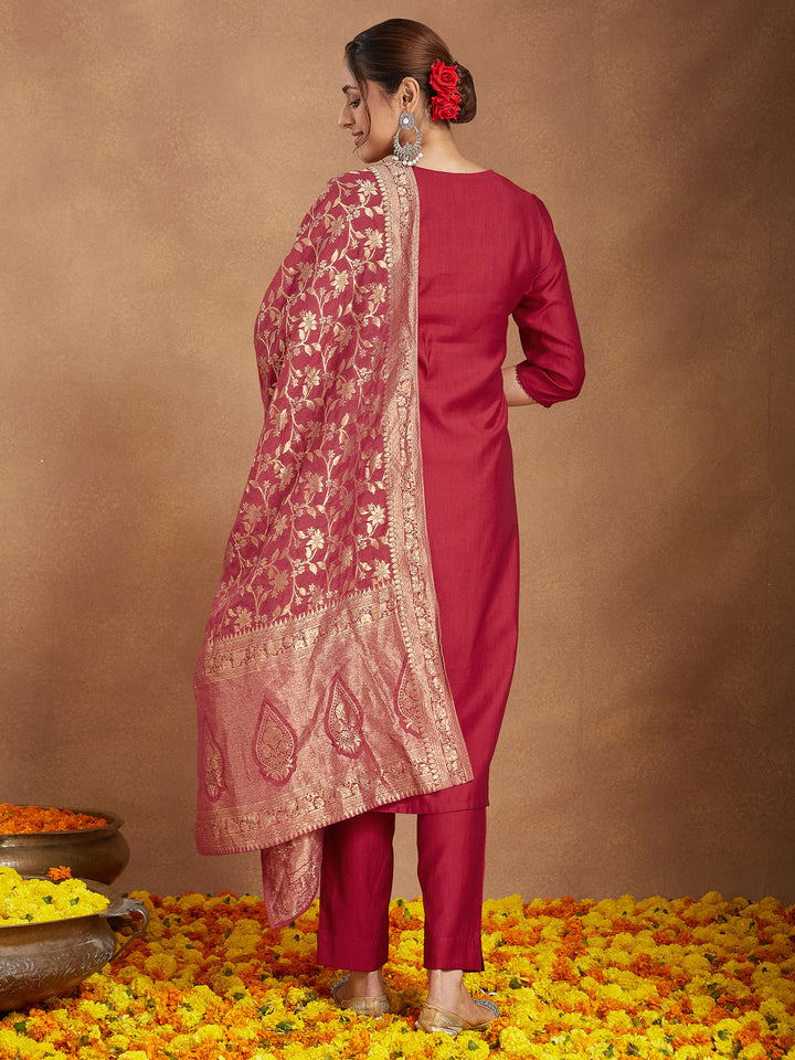 Maroon Silk Blend Embroidered 3-Piece Kurta Set