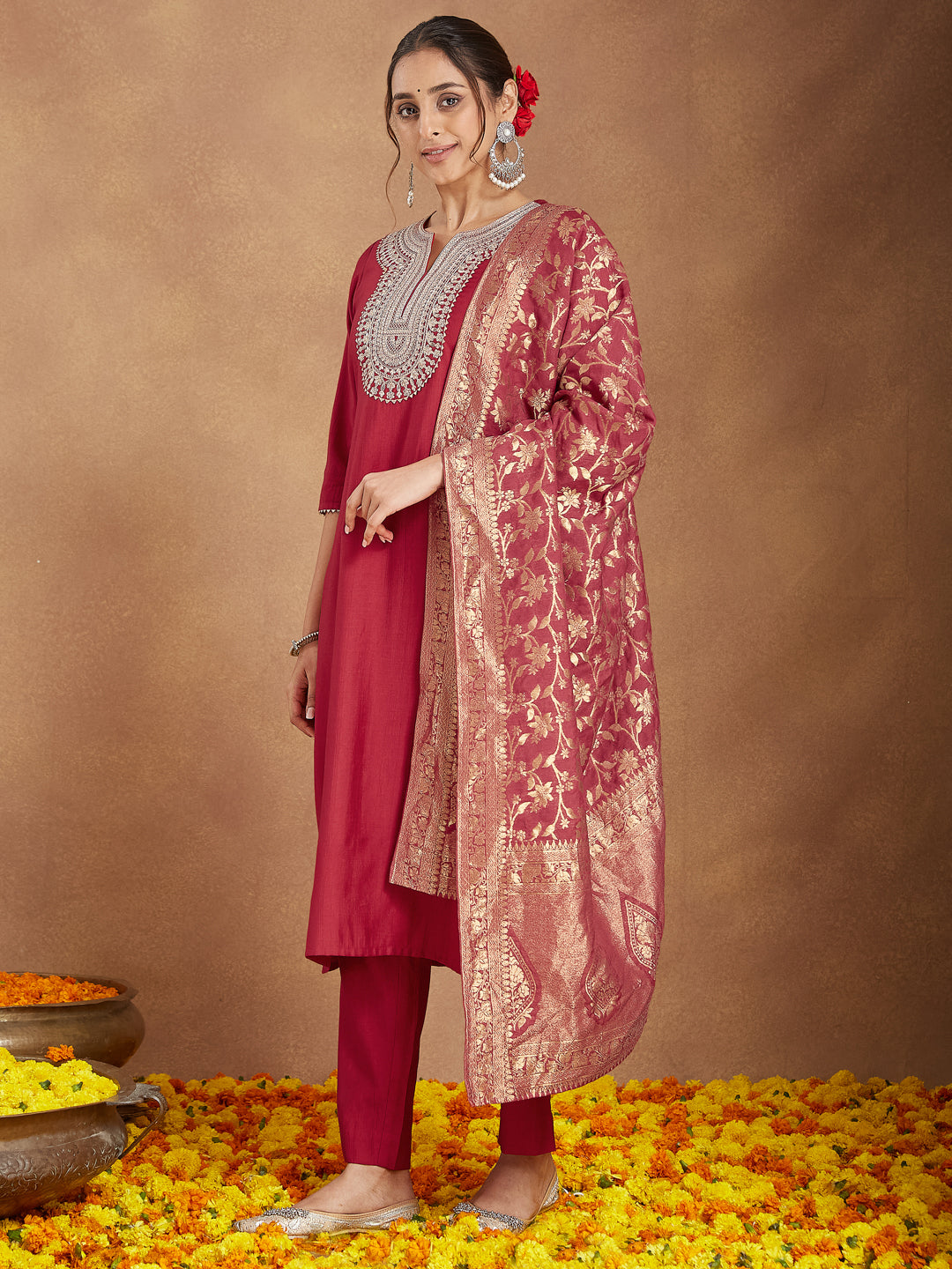 Maroon Silk Blend Embroidered 3-Piece Kurta Set