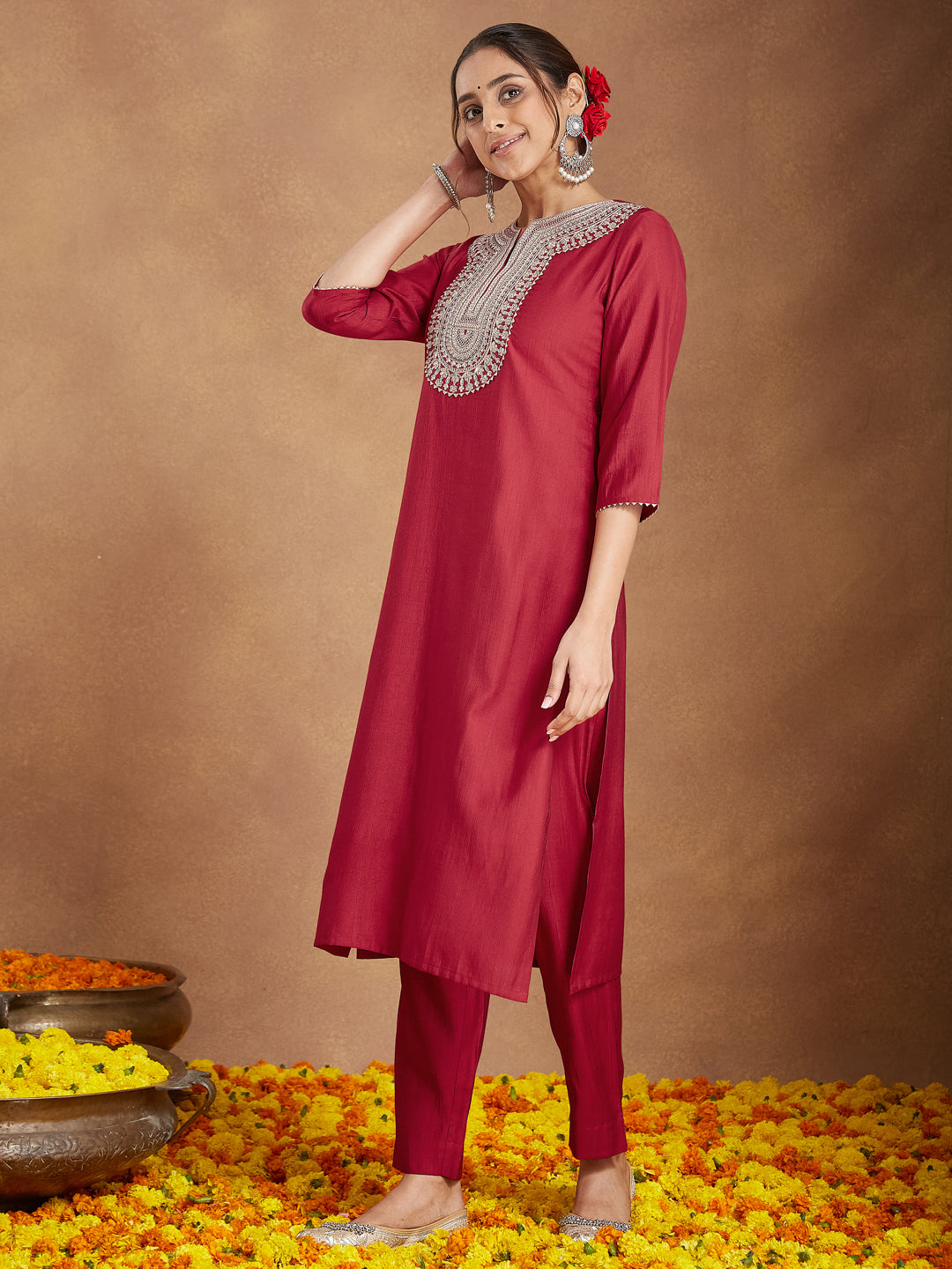 Maroon Silk Blend Embroidered 3-Piece Kurta Set