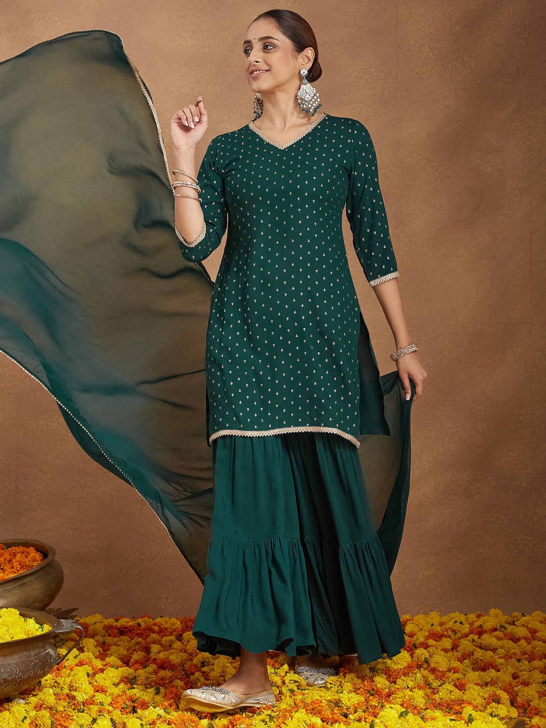 Green-Rayon-Straight-Foil-Print-3-Piece-Kurta-Set