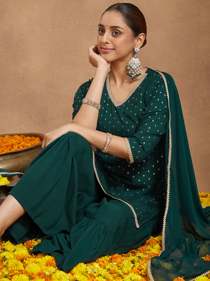 Green-Rayon-Straight-Foil-Print-3-Piece-Kurta-Set