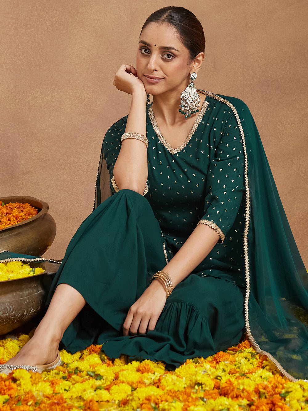 Green-Rayon-Straight-Foil-Print-3-Piece-Kurta-Set