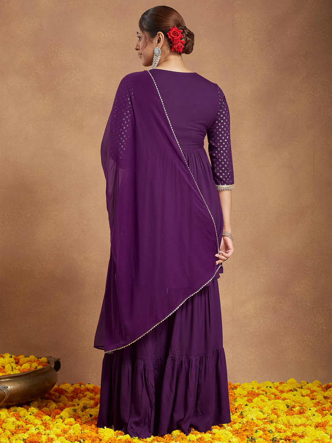 Wine-Rayon-A-Line-Foil-Print-3-Piece-Kurta-Set