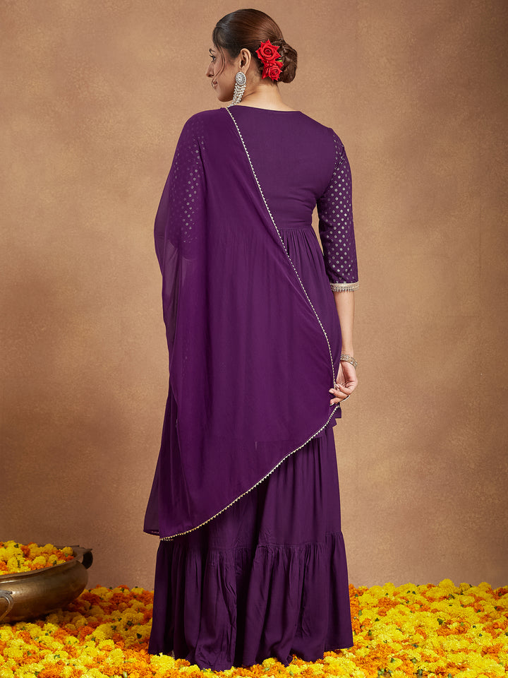 Wine-Rayon-A-Line-Foil-Print-3-Piece-Kurta-Set