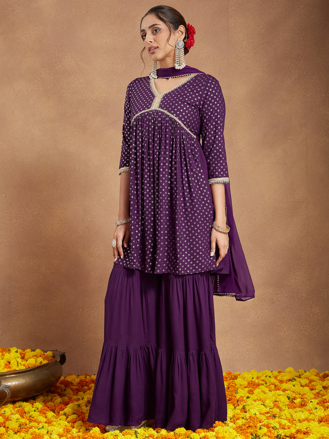 Wine-Rayon-A-Line-Foil-Print-3-Piece-Kurta-Set