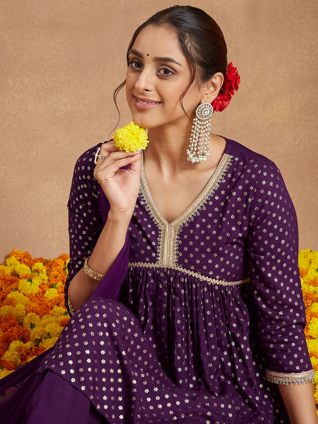 Wine-Rayon-A-Line-Foil-Print-3-Piece-Kurta-Set