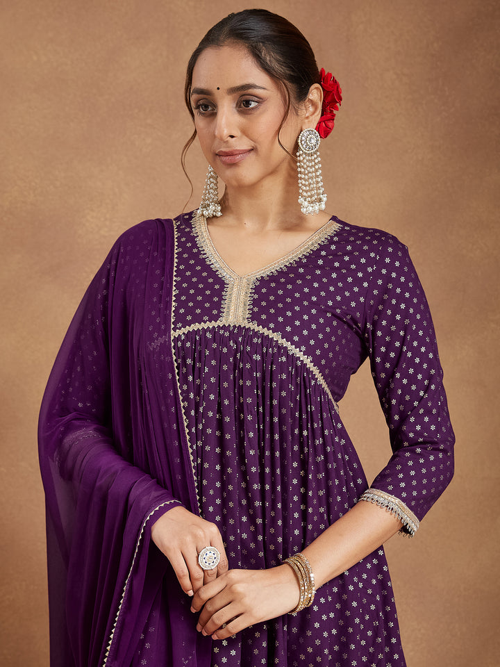 Wine-Rayon-A-Line-Foil-Print-3-Piece-Kurta-Set