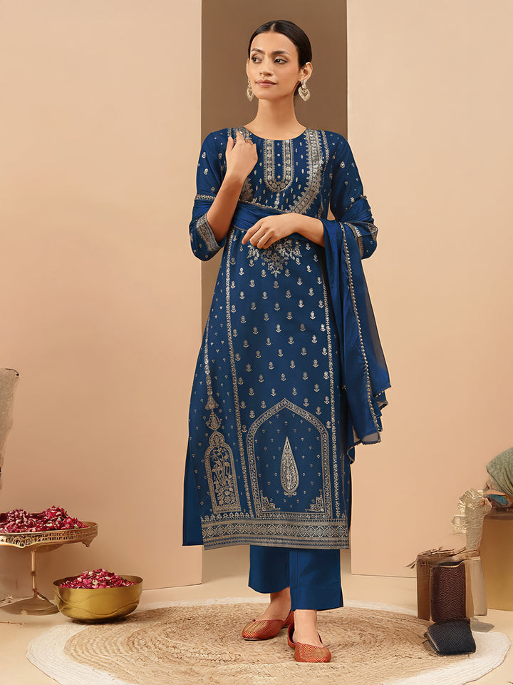 Teal Silk Blend Foil Print 3-Piece Kurta Set
