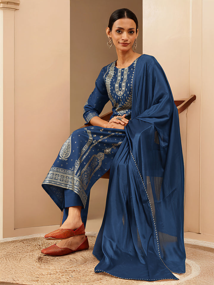 Teal Silk Blend Foil Print 3-Piece Kurta Set