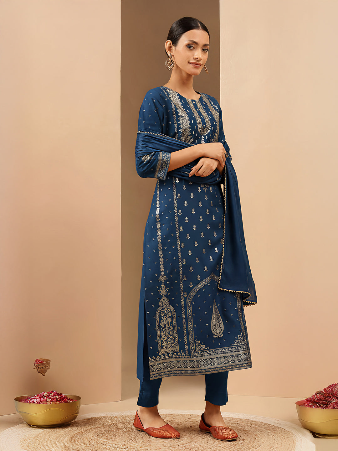 Teal Silk Blend Foil Print 3-Piece Kurta Set