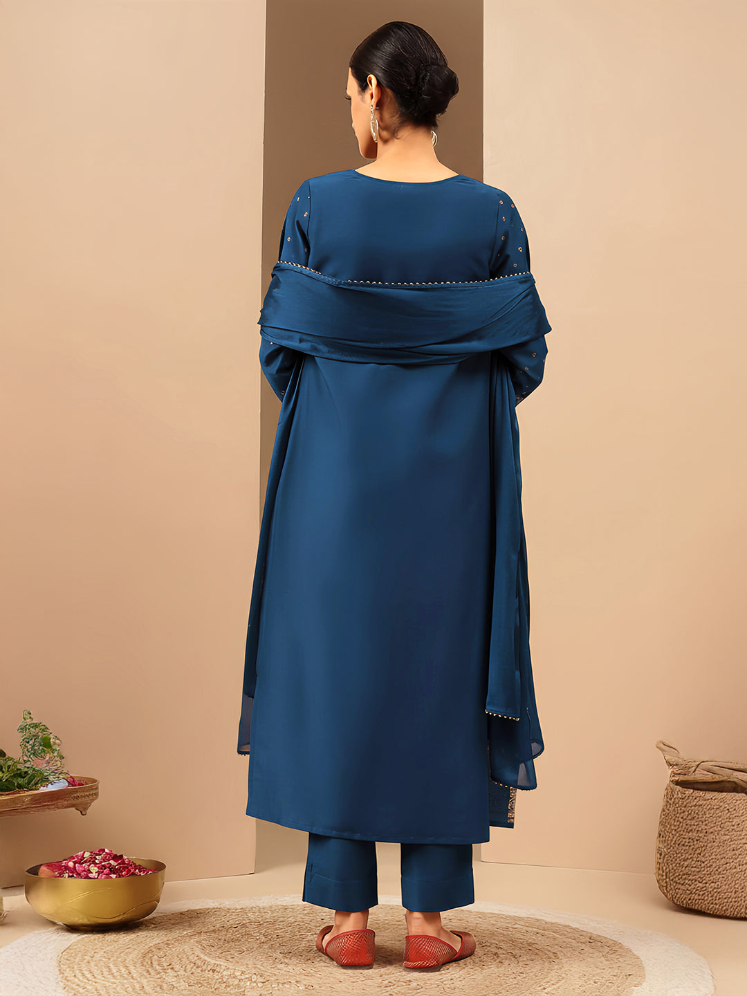 Teal Silk Blend Foil Print 3-Piece Kurta Set