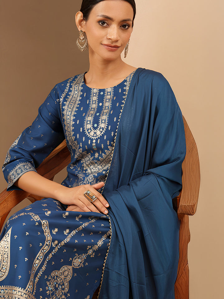 Teal Silk Blend Foil Print 3-Piece Kurta Set