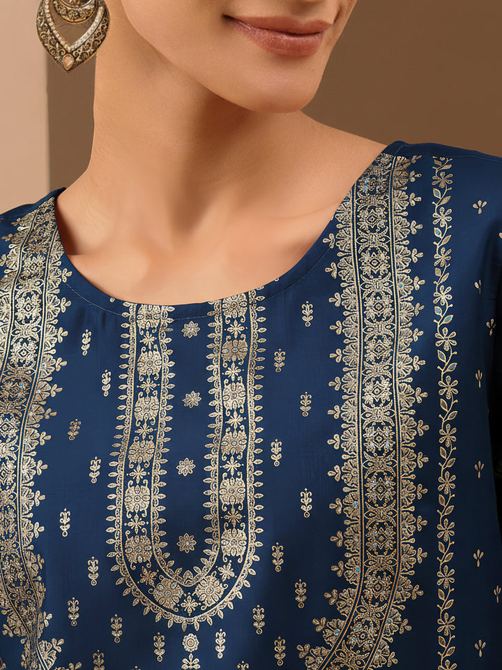 Teal Silk Blend Foil Print 3-Piece Kurta Set