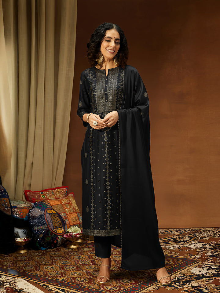 Black Silk Blend Foil Print 3-Piece Kurta Set