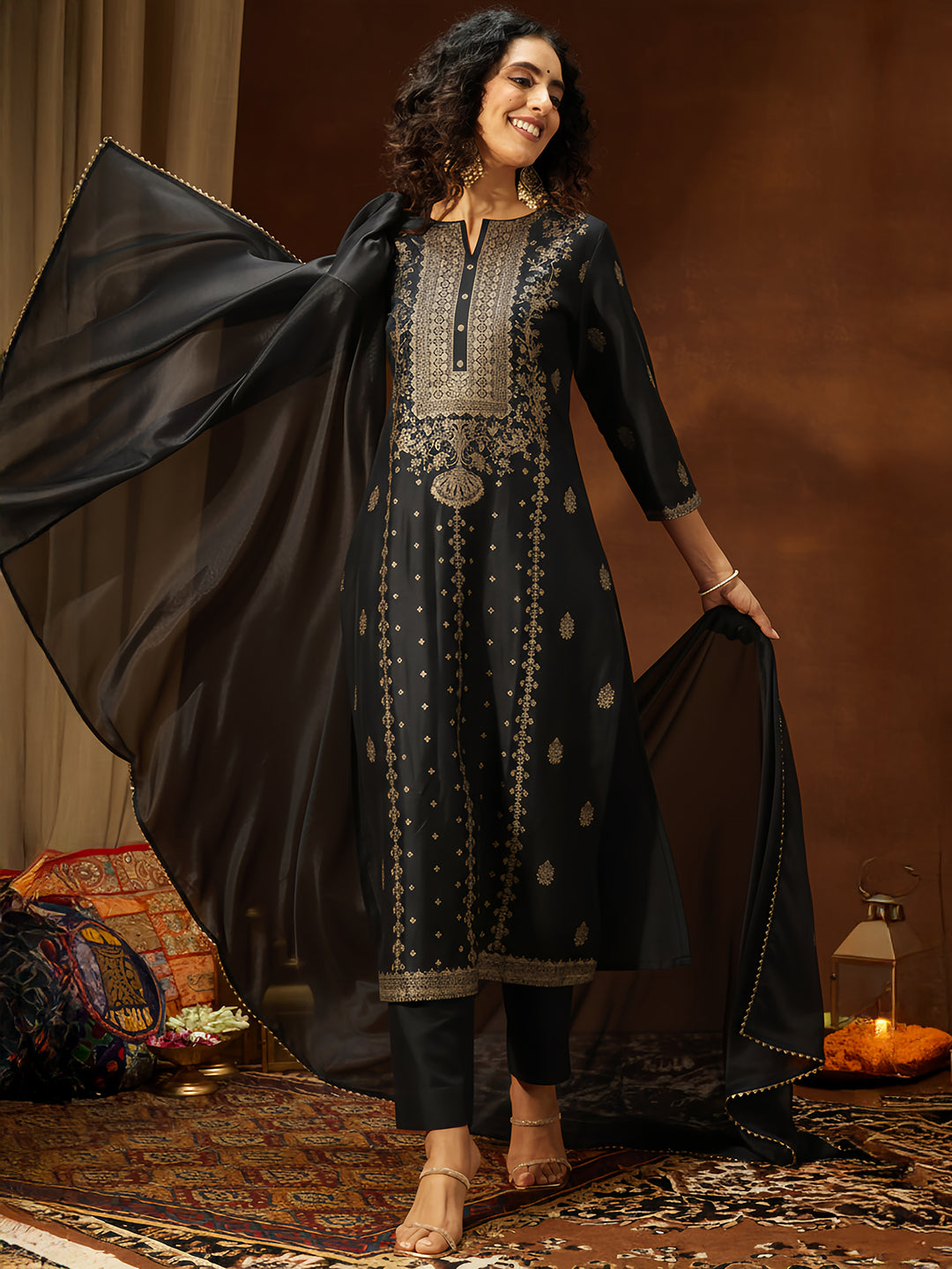 Black Silk Blend Foil Print 3-Piece Kurta Set