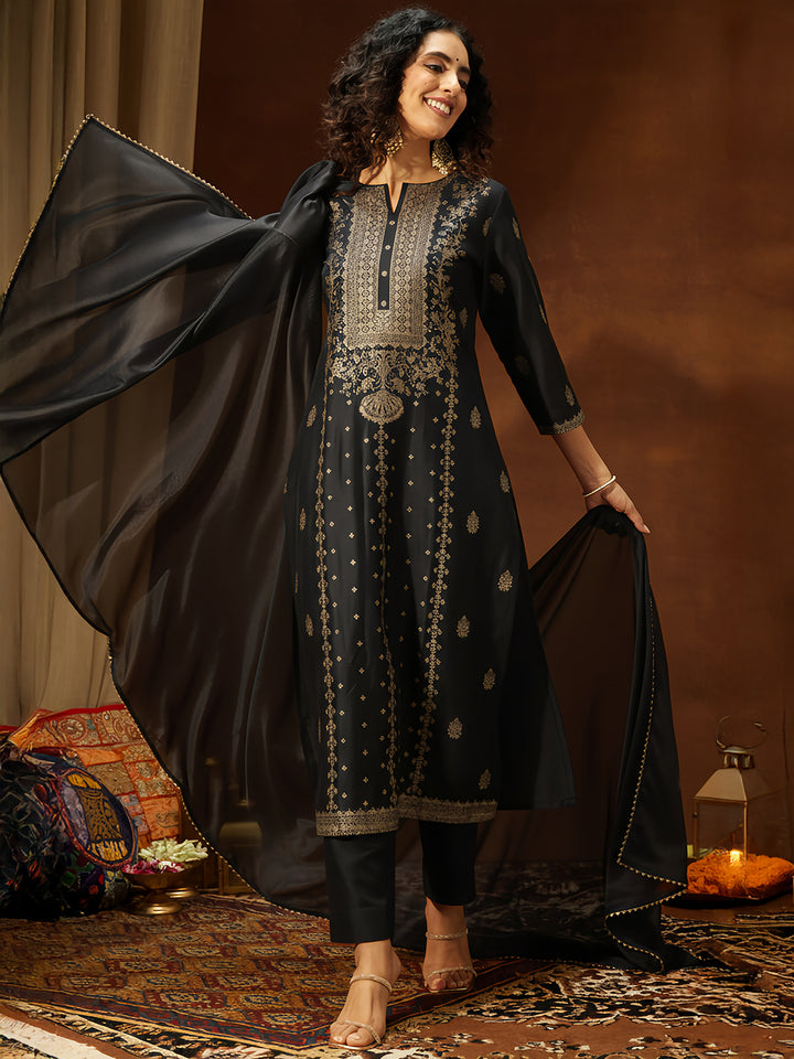 Black Silk Blend Foil Print 3-Piece Kurta Set