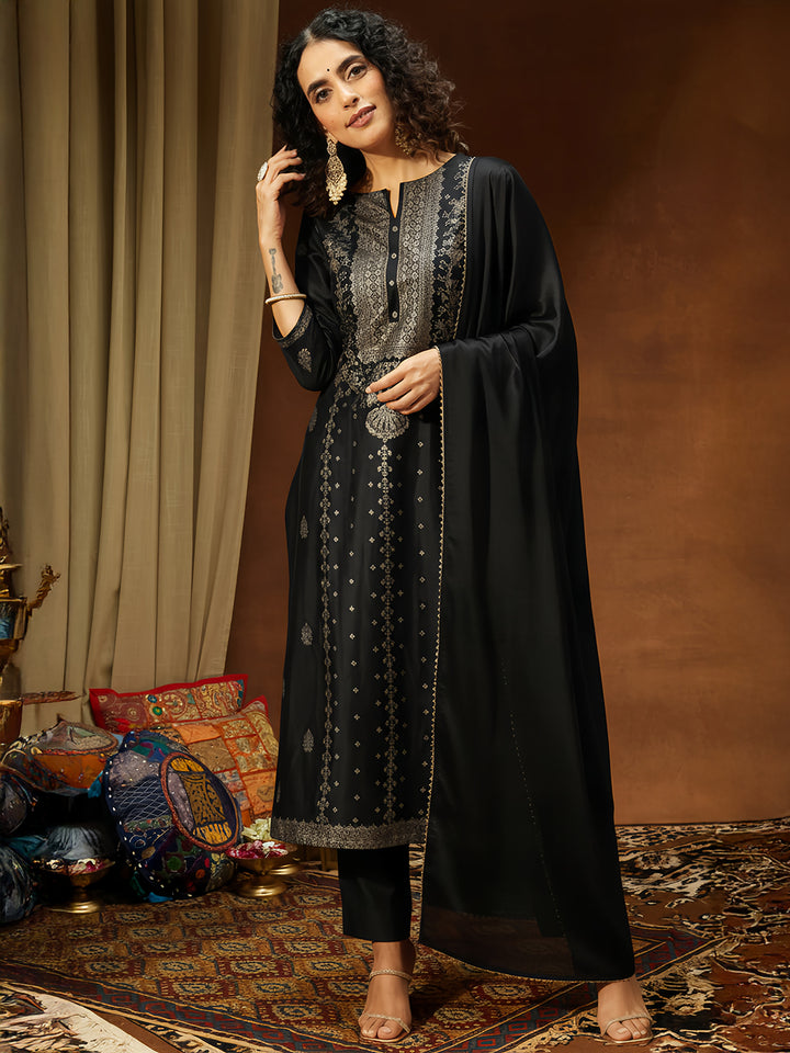 Black Silk Blend Foil Print 3-Piece Kurta Set