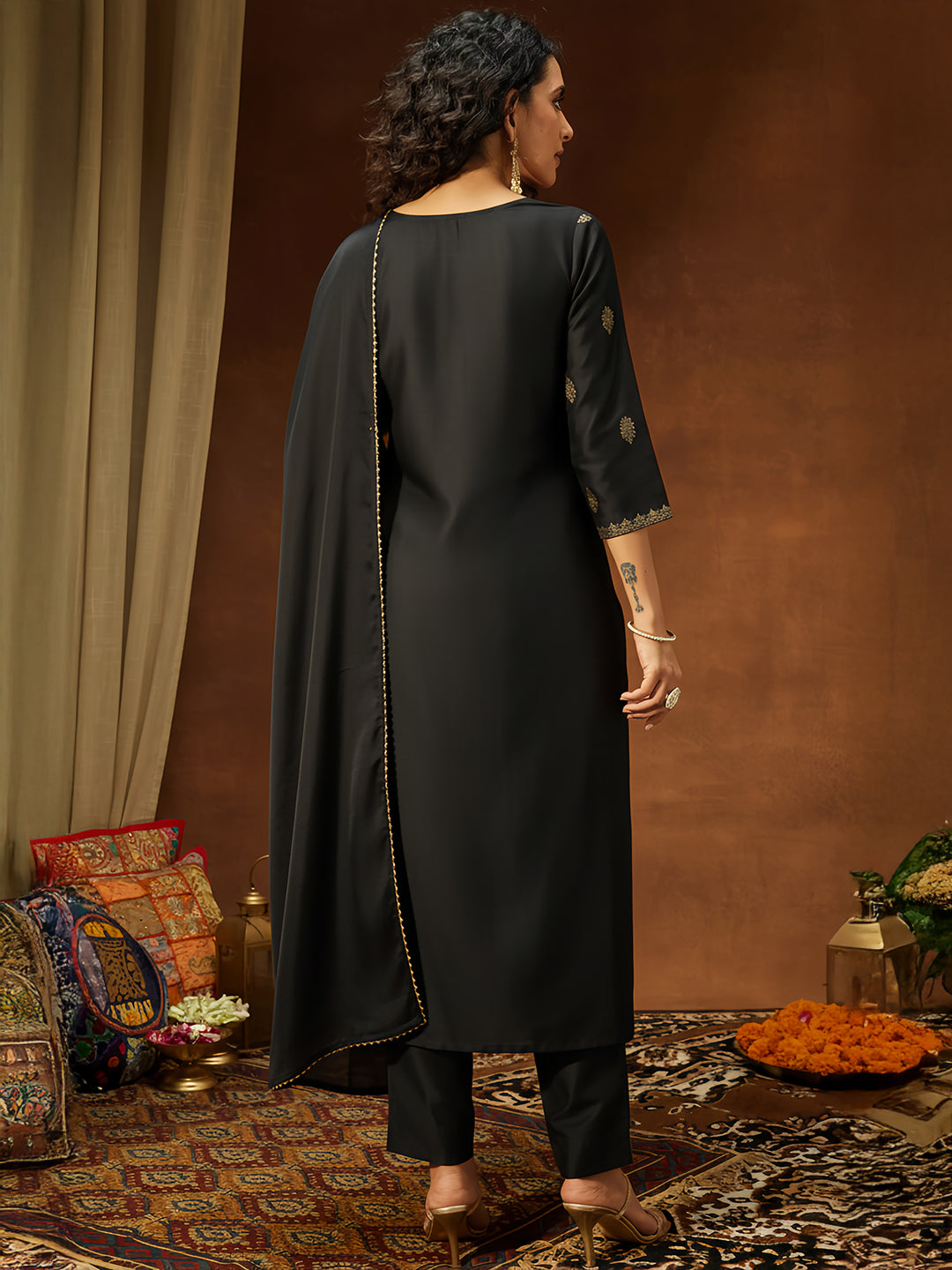 Black Silk Blend Foil Print 3-Piece Kurta Set