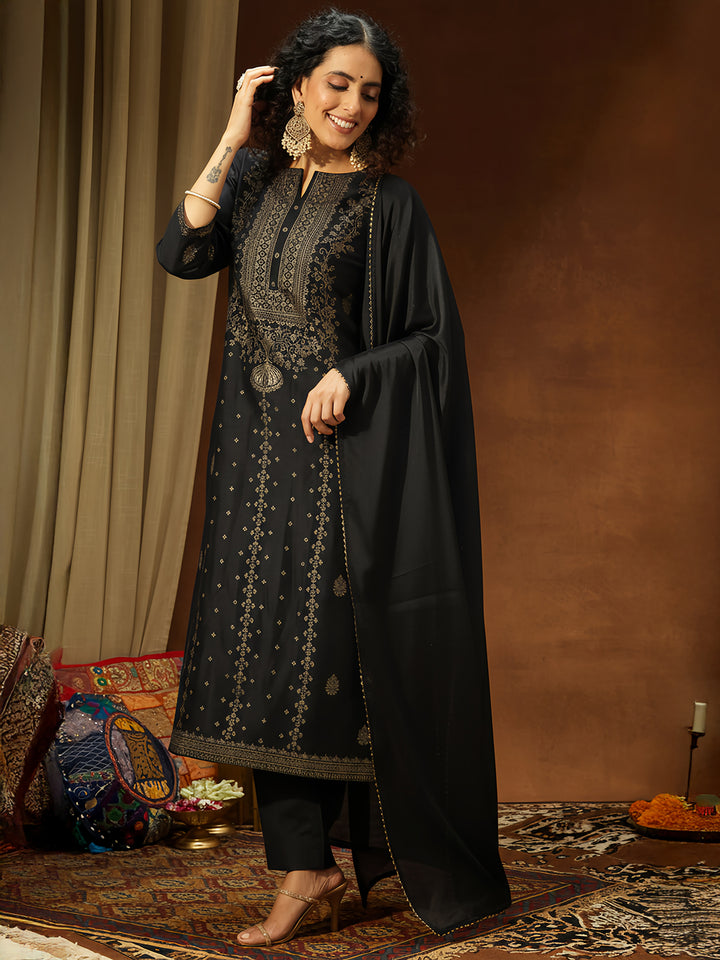 Black Silk Blend Foil Print 3-Piece Kurta Set