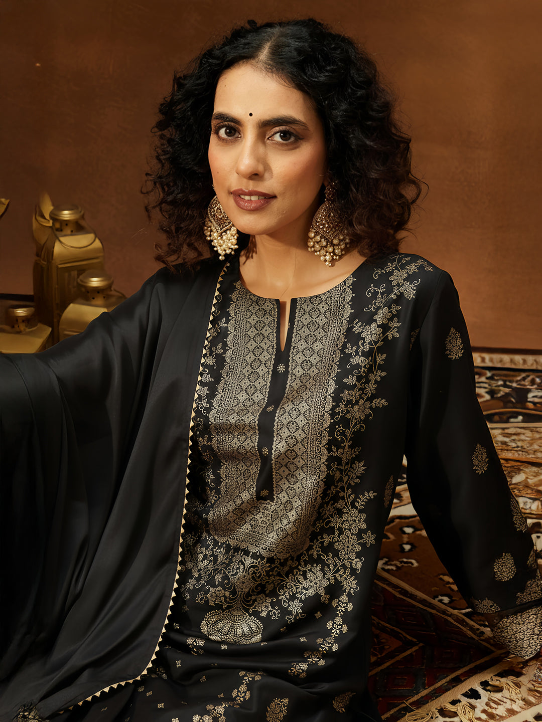 Black Silk Blend Foil Print 3-Piece Kurta Set