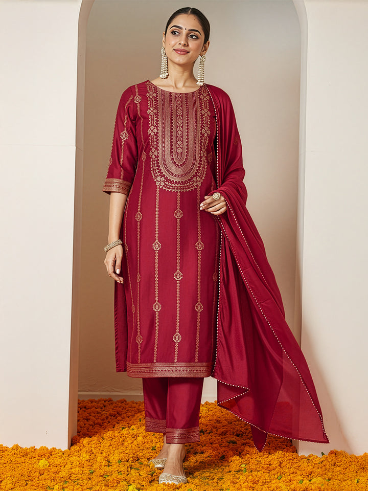 Maroon Silk Blend Foil Print 3-Piece Kurta Set
