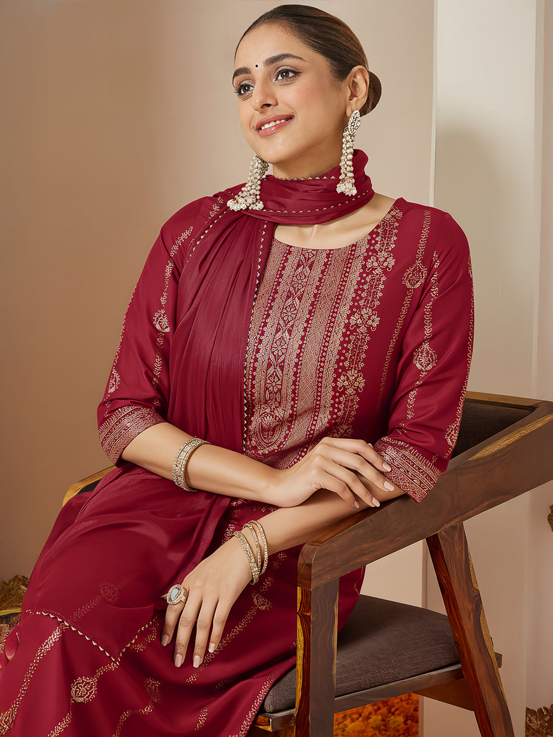 Maroon Silk Blend Foil Print 3-Piece Kurta Set