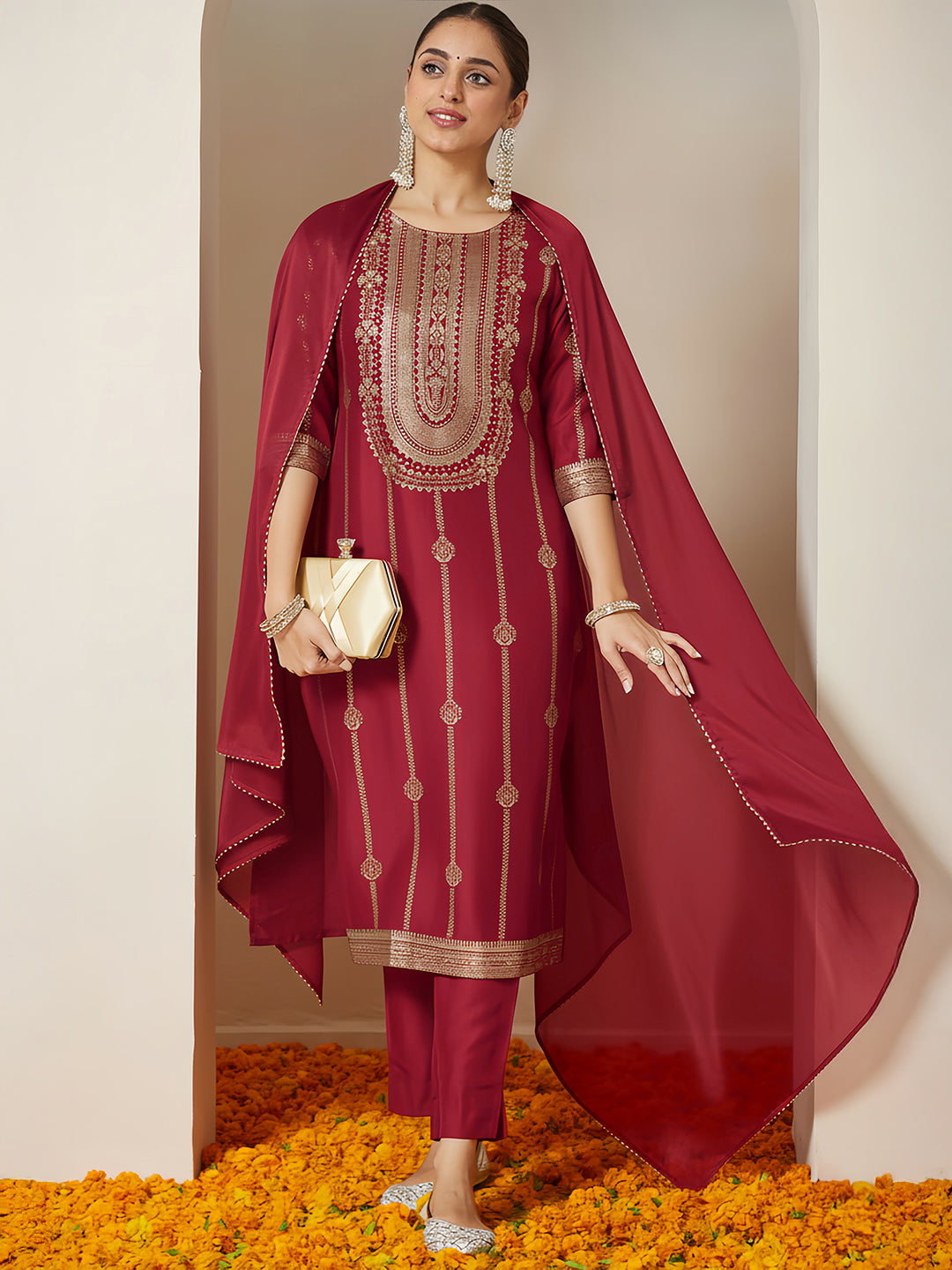 Maroon Silk Blend Foil Print 3-Piece Kurta Set