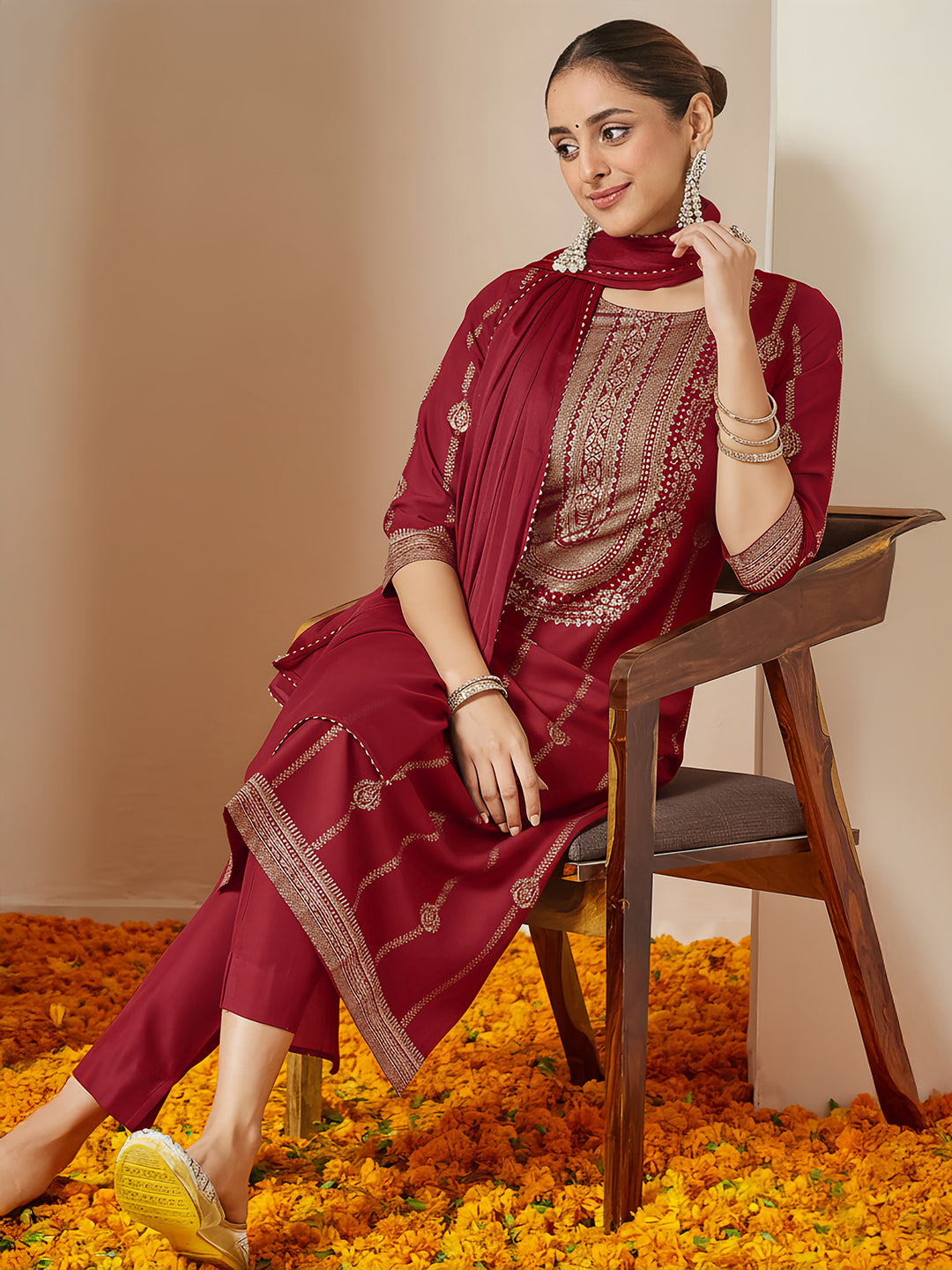 Maroon Silk Blend Foil Print 3-Piece Kurta Set