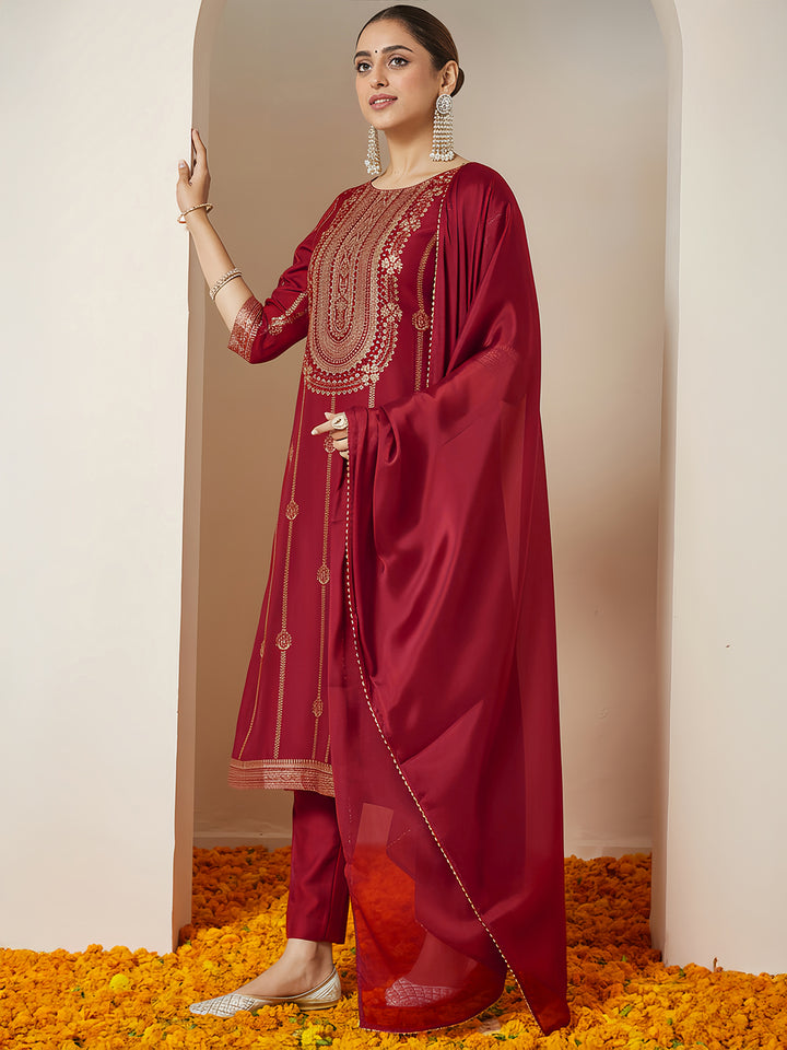 Maroon Silk Blend Foil Print 3-Piece Kurta Set