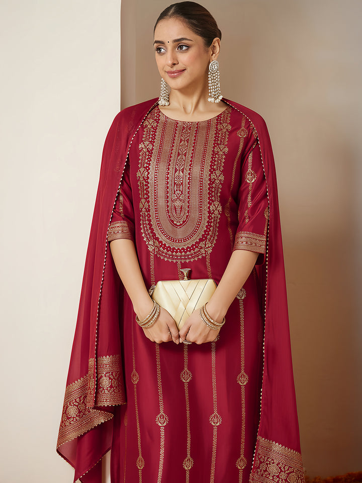 Maroon Silk Blend Foil Print 3-Piece Kurta Set