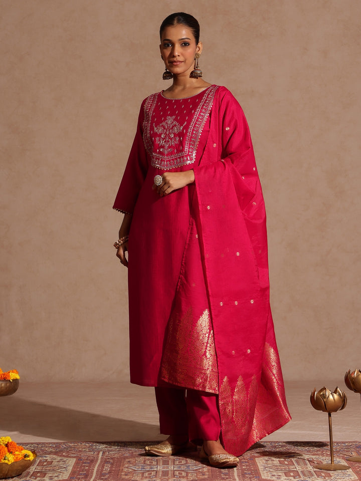 Pink Silk Blend Yoke Embroidery 3-Piece Kurta Set
