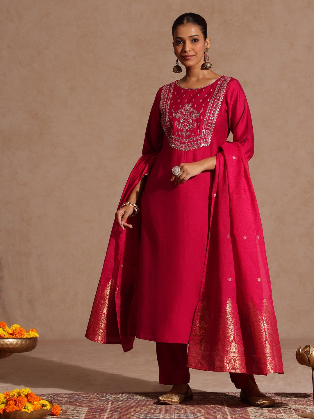 Pink Silk Blend Yoke Embroidery 3-Piece Kurta Set