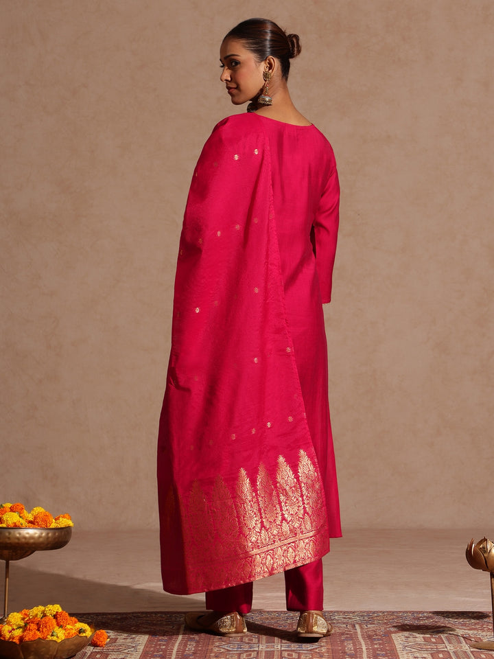 Pink Silk Blend Yoke Embroidery 3-Piece Kurta Set