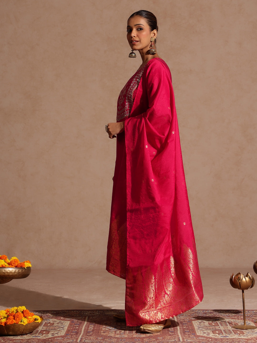 Pink Silk Blend Yoke Embroidery 3-Piece Kurta Set