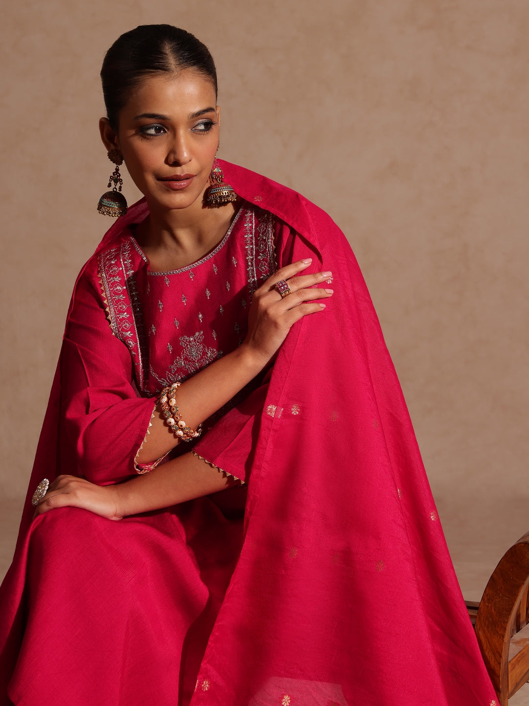 Pink Silk Blend Yoke Embroidery 3-Piece Kurta Set