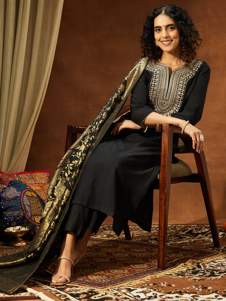 Black Silk Blend Embroidered 3-Piece Kurta Set