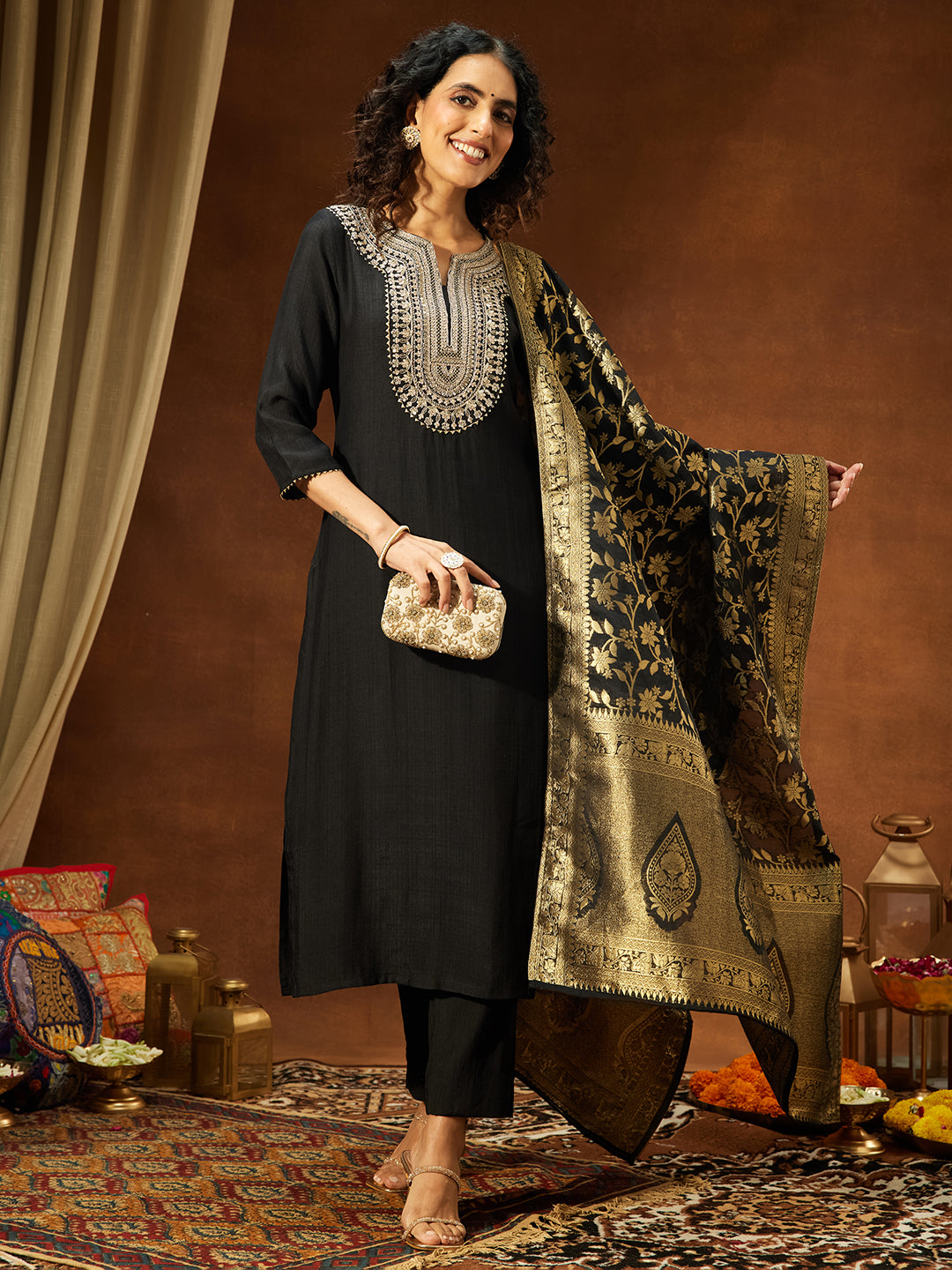 Black Silk Blend Embroidered 3-Piece Kurta Set
