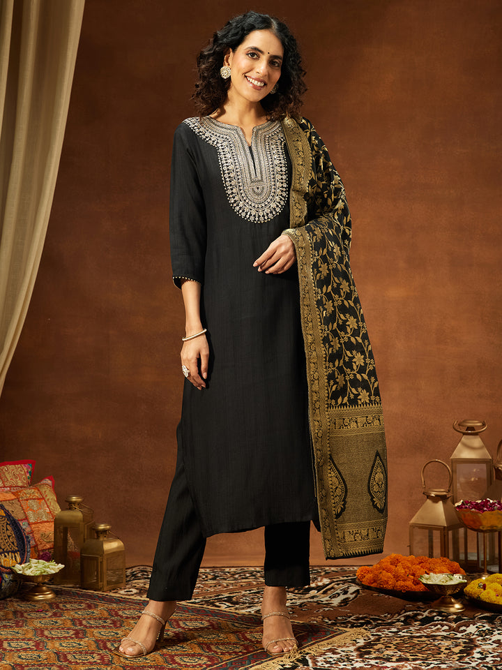 Black Silk Blend Embroidered 3-Piece Kurta Set