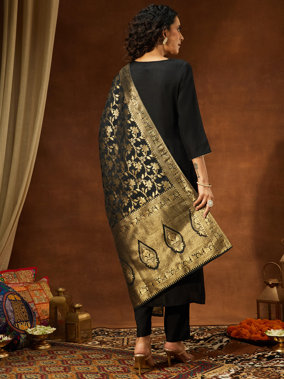 Black Silk Blend Embroidered 3-Piece Kurta Set