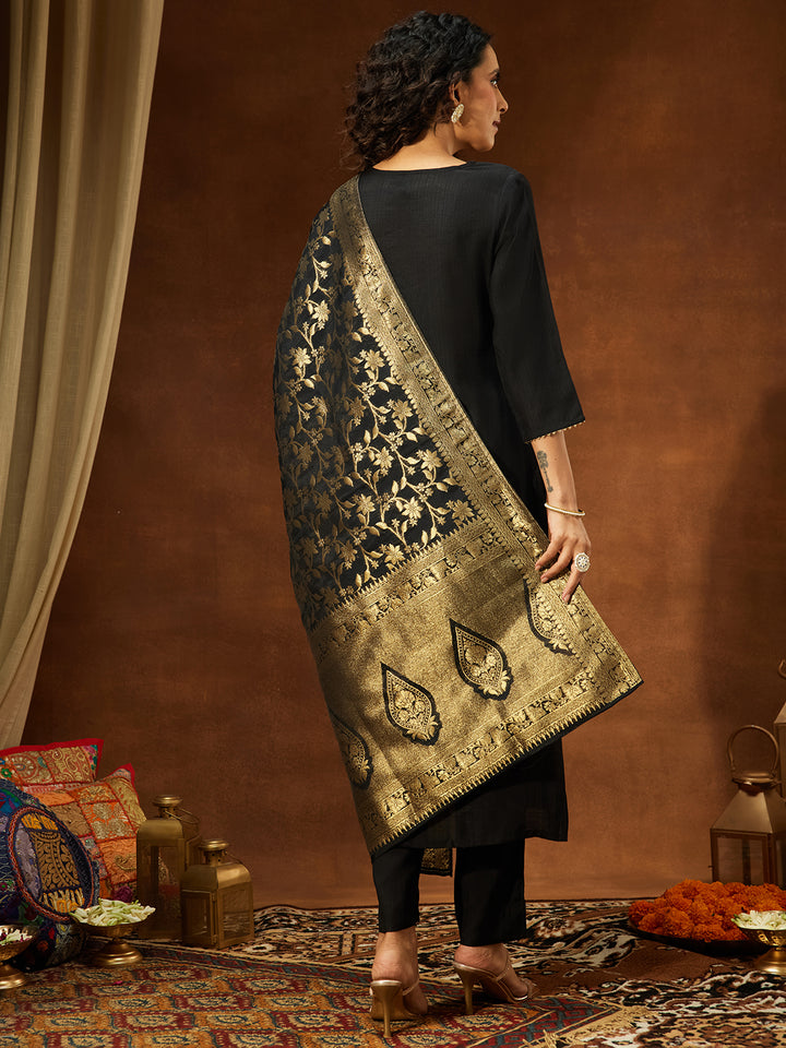 Black Silk Blend Embroidered 3-Piece Kurta Set
