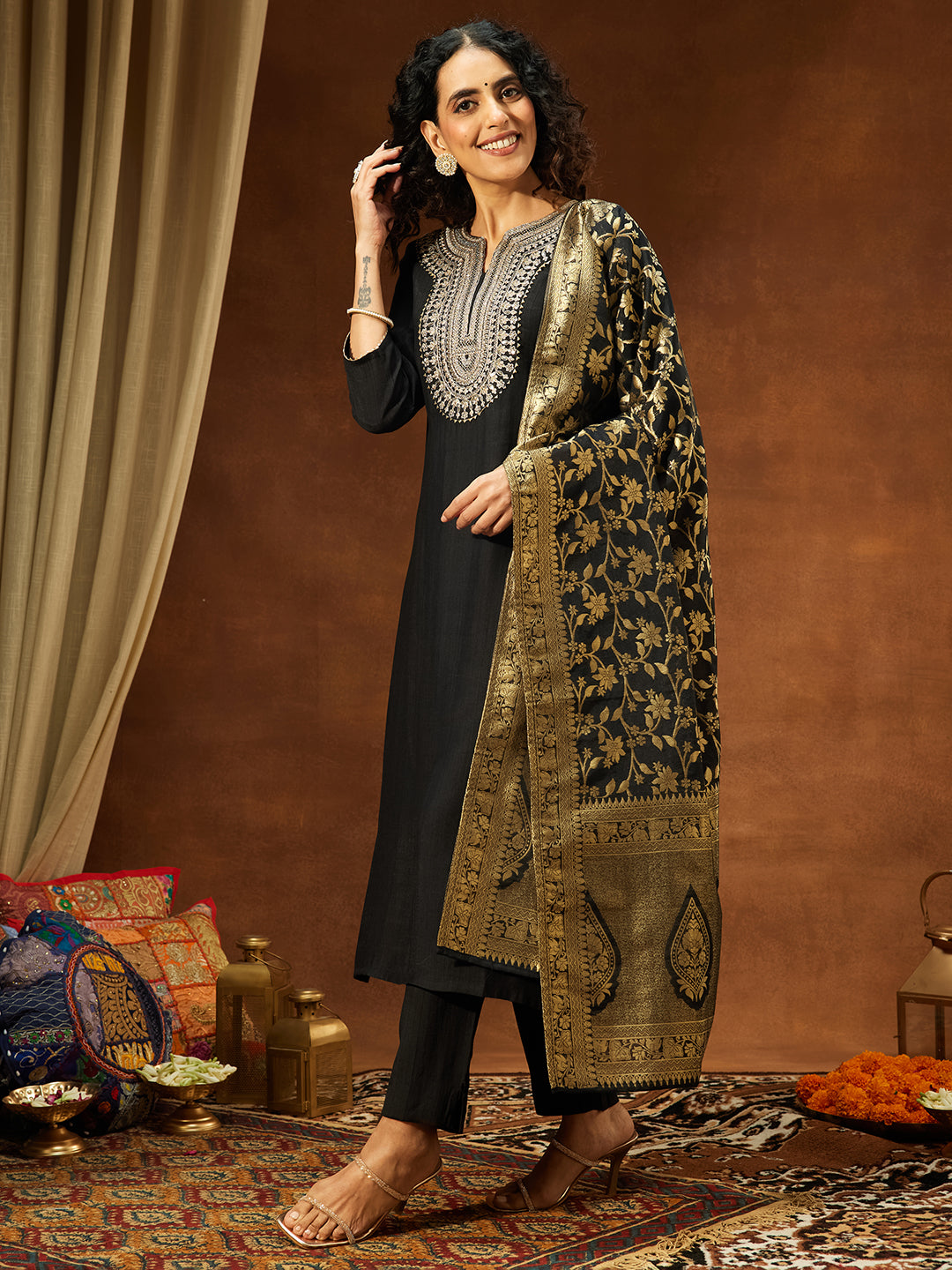 Black Silk Blend Embroidered 3-Piece Kurta Set