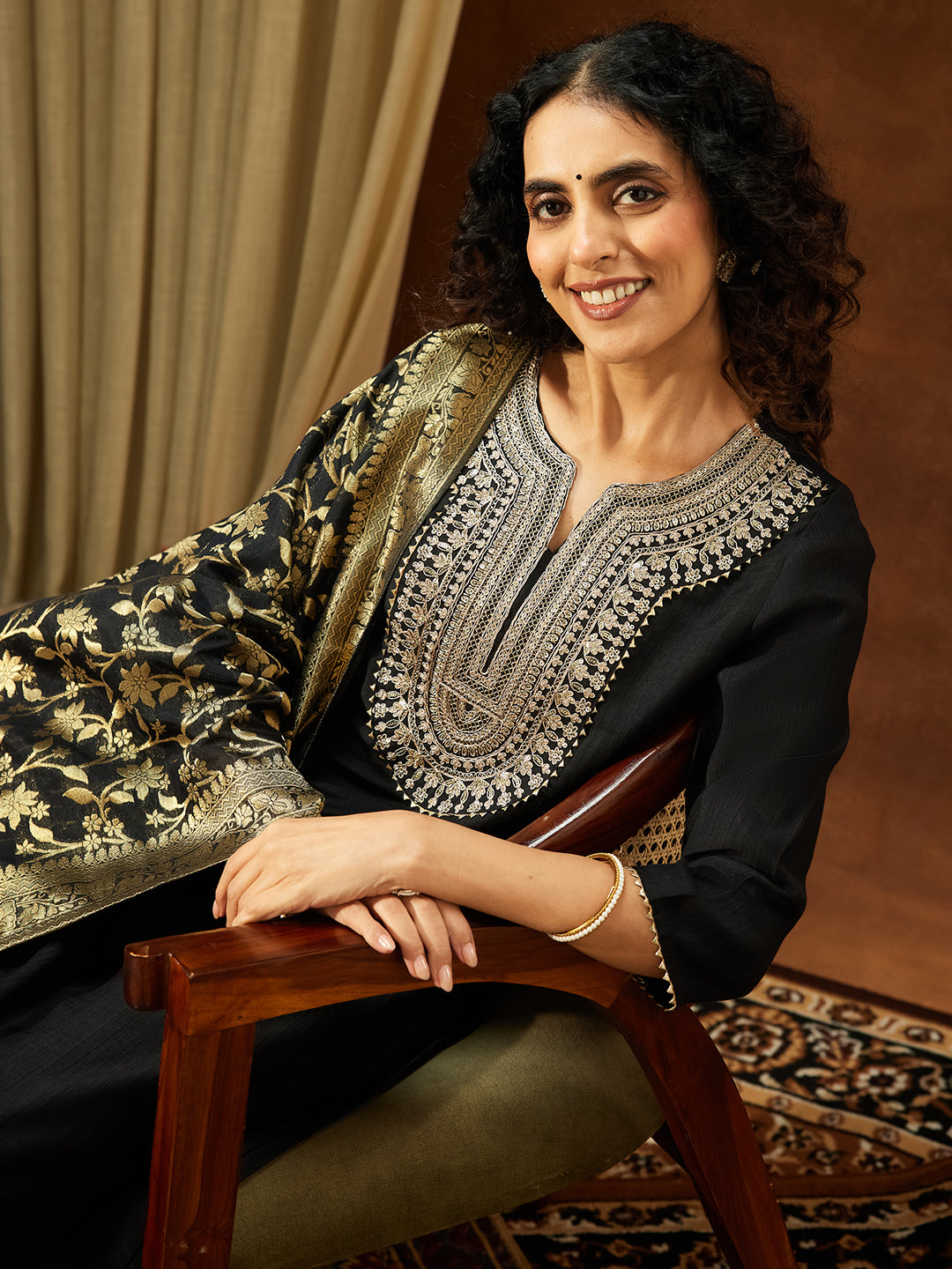 Black Silk Blend Embroidered 3-Piece Kurta Set