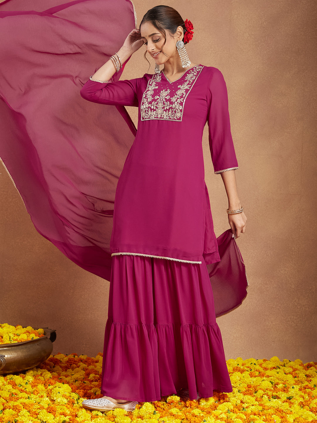 Pink Georgette Straight Embroidered 3-Piece Sharara Set